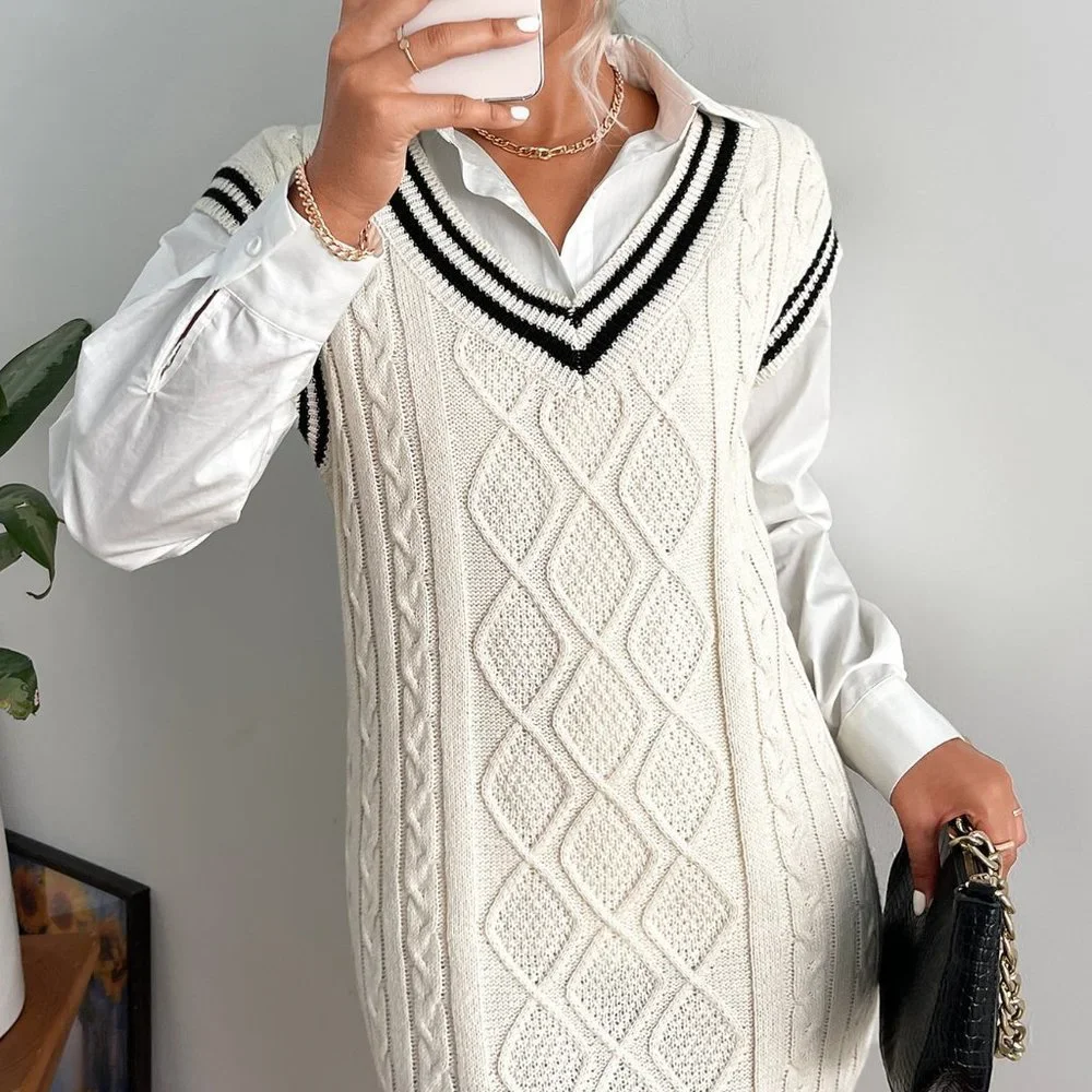 White Preppy Womens Striped Trim Cable Knit Sweater Dress - Picture 4 of 5
